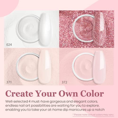 Modelones Dip Powder Nail Kit Starter, 4 Colors Nude Pink Bubble Bath Glitter Snow White Skin Nail Dip Powder Kit with Dip Powder Liquid Set Base Top Activator DIY Kit