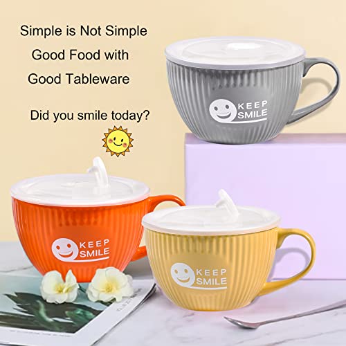 fMSDD Keep Smile Large Soup Mug with Lid, Funny Icon Ramen Bowl Ceramic Bowls with Handle, 28oz, Apricot Yellow