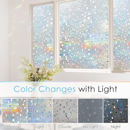 rabbitgoo Window Privacy Film Stained Glass Window Film Mosaic Static Cling Decorative Window Vinyl, Removable Rainbow Window Tint, Non-Adhesive UV Blocking for Home Office, 17.5 x 78.7 inches