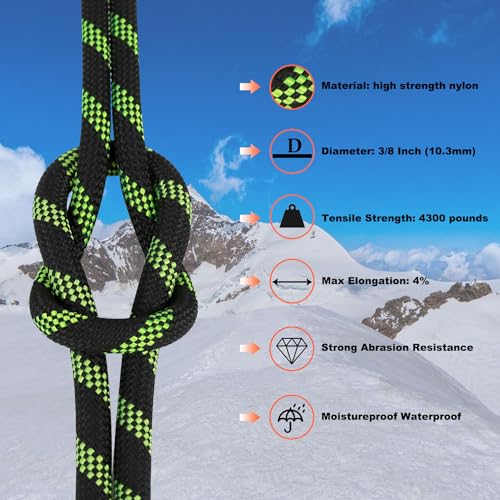 CRAYZA Braided Polyester Rope (3/8 in x 100 ft) Climbing Rope Arborist Rope for Tree Climbing Pulling Swing Sailing, Black/Fluorescent Green