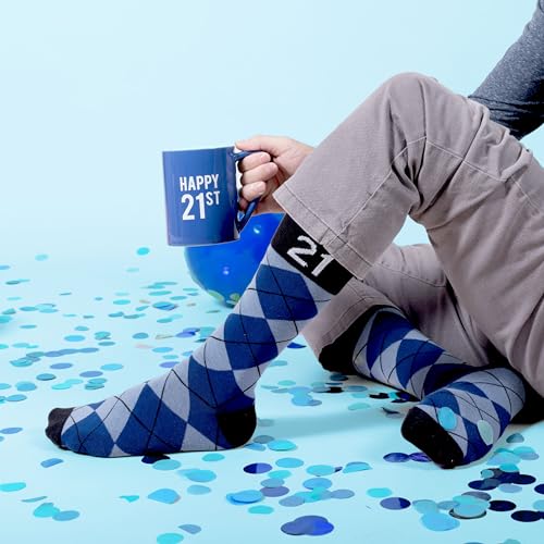 Pavilion - Happy 21st 18 oz Coffee Mug Tea Cup - 21 Argyle Patterned Blue Crew Socks Women US 9-13 & Men US 8-12 Birthday Party Celebration Decoration Commemoration Gift Present For Him