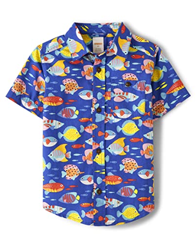 Gymboree,Boys,and Toddler Short Sleeve Button Up Dress Shirt,Blue Fish Multi,2T