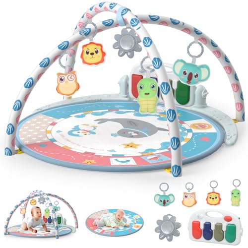 Baby Tummy Time Mat, Baby Gyms Playmats Activity Mat with 4 Toys and Mirror, Piano Keys with 40 Music, Multi-Functional Sensory Development Activity Gym for Infants and Toddlers 3 to 18 Month(Blue)