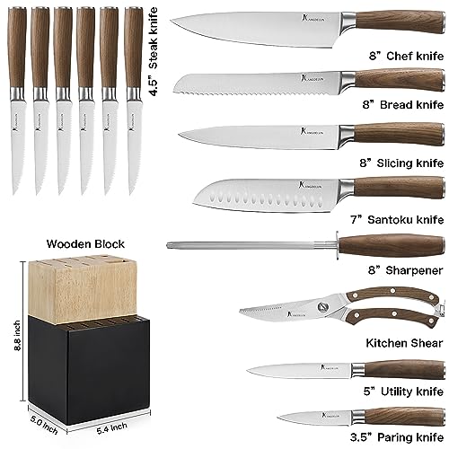 Kangdelun Natura Series 15 PCS Knife Block Set, Ultra Sharp High Carbon Stainless Steel with Wooden Handle