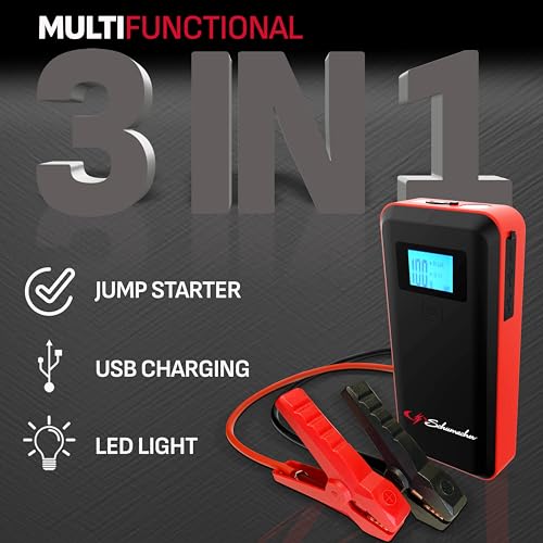 Schumacher Electric SL1639 Lithium Portable Power Pack and Jump Starter for Car, Motorcycle, Truck, and Boat Batteries, 1000 Amps, 12 Volt, Red and Black, 1 Unit