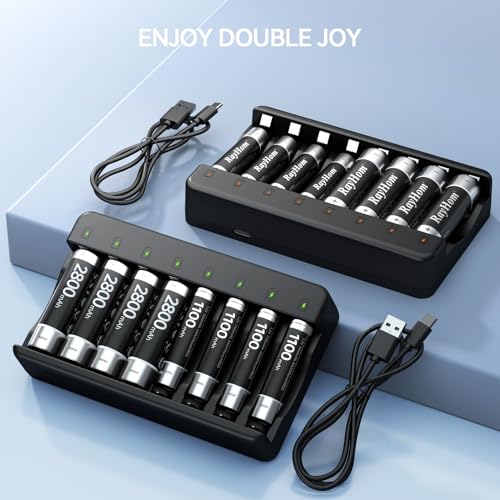 RayHom AA AAA Battery Charger 2-Pack - 8 Bay Smart Individual Charger for Ni-MH Ni-CD Rechargeable Batteries