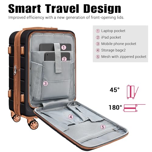 KEYTANG SmileLine Hardside Expandable Luggage W/Quick Access Front Open Pocket Lightweight Carry-on with Makeup Bag, Black, 3 Piece Set