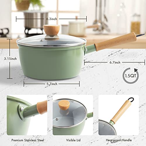 ROCKURWOK Ceramic Nonstick Sauce Pan with Lid, 1.5 Qt Small Pots for Cooking, Small Pot Wooden Handle for Cool Touch, Non Toxic & Pfas-Free Saucepan, Universal Base(Gas, Electric & Induction), Green