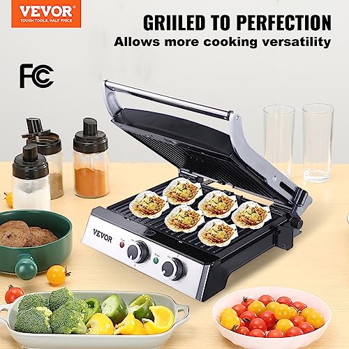 VEVOR Electric Contact Grills, 1500W Indoor Countertop Panini Press, Sandwich Maker with Non Stick,2 Reversible Iron Cooking Plates,0-446℉ Adjustable Temperature Control,Timer Function,120V