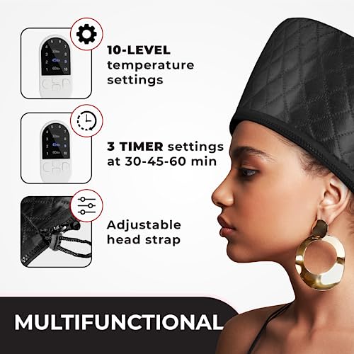 Hair Steamer For Natural Hair Home Use w/10-level Heats Up Quickly, Heat Cap For Deep Conditioning - Thermal Heat Cap For Black Hair, Great For Deep Conditioner (Black)