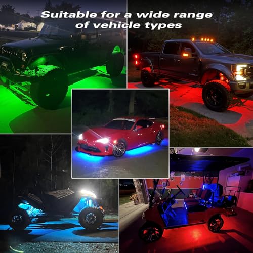 4Pods Segmented RGB LED Rock Lights with APP/RF Remote, Multicolor Neon Underglow Lights Vehicle Exterior Lights Multi Zone 12v Waterproof Underbody for Truck Jeep UTV ATV SUV SXS Golf Cart Offroad