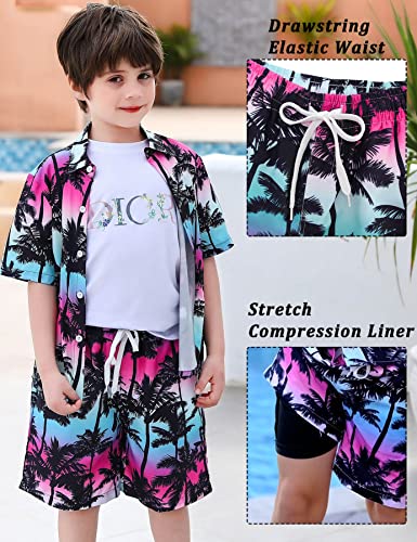 UNICOMIDEA Hawaiian Outfits for Boys 9-10 Years Kids Beach Short Set Summer Tropical Button Down Shirts and Swim Trunks 2 Pieces Sets Palm Tree Pattern Vacation Party Swimming