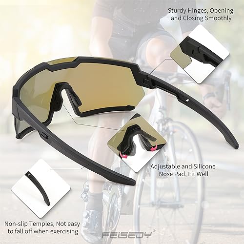 FEISEDY Men Women Cycling Sunglasses, with 3 Interchangeable Lenses, TR90 Sports Glasses Baseball for Youth Teens B4138