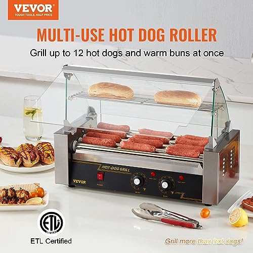 VEVOR Hot Dog Roller, 12 Hot Dog Capacity 5 Rollers, 750W Stainless Steel Cook Warmer Machine with Cover & Dual Temp Control, LED Light & Detachable Drip Tray, Sausage Grill Cooker