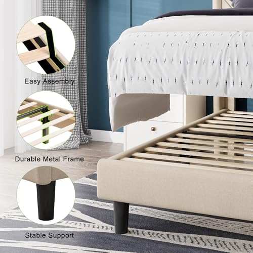 Feonase Twin Bed Frame, Upholstered Bed Frame with Charging Station, Wingback Storage Headboard, No Box Spring Needed, Noise-Free, Beige