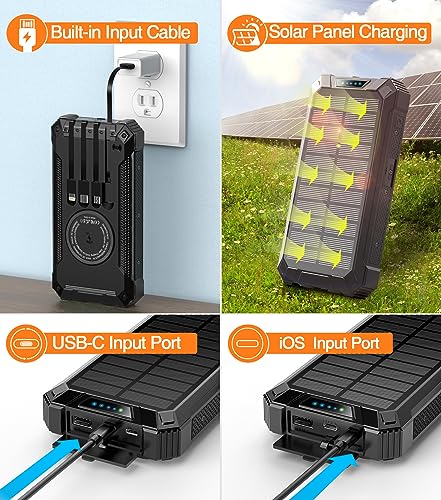 GOODaaa Power Bank Wireless Charger 36000mAh Built in 4 Cables Six Outputs 15W Fast Charging Power Bank for All Mobile Devices Three Inputs Solar Portable Charger with Dual Flashlights, Carabiner