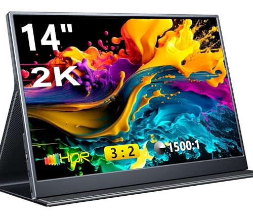 Pornitor Portable Monitor, 14 inch 3:2 QHD IPS Laptop Monitor, Dual USB C HDMI Laptop Screen Extender, 2160*1440P Gaming Display with 2 Speakers, Travel Monitor for Laptop PS4/5 PC Phone Xbox Switch