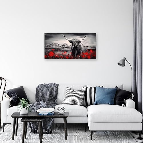DOARTDO Highland Cow Canvas Wall Art Animal Painting Print Black and White Cattle and Red Flowers Picture Farmhouse Decor Frame (12.00" x 24.00", Highland Cow - 1)