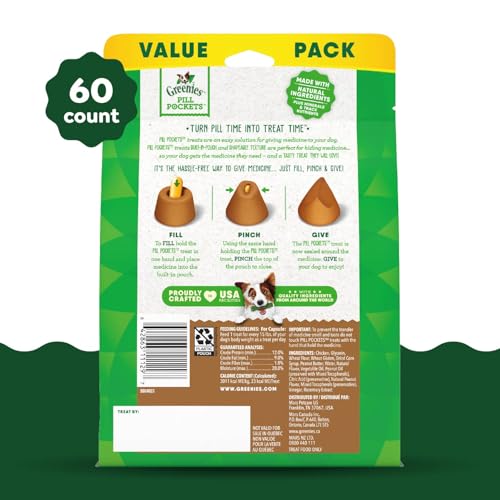 GREENIES PILL POCKETS for Dogs Capsule Size Natural Soft Dog Treats with Real Peanut Butter, 15.8 oz. Pack (60 Treats)