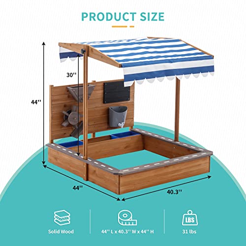 Kids Large Wooden SandBoxes with Roof, Pipleo Outdoor Sand Box Play w/Canopy for Backyard Garden Beach, Sand Pit for Beach Patio Outdoor, [Adjustable Cover & Sand Funnel & Drawing Board] - Brown Oak