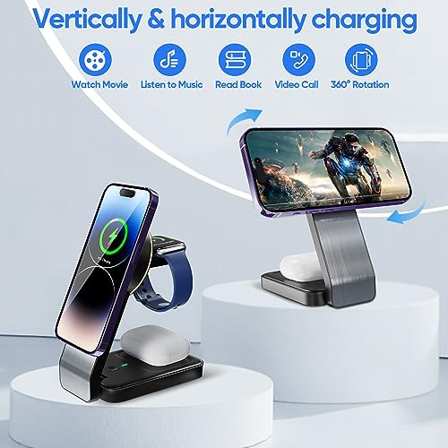 3 in 1 Wireless Charging Station for Apple Devices, Portable Mag-Safe Charger with Light, Charger Stand Compatible with iPhone 15/14/13/12 Series, Apple Watch, Airpods, (Black)