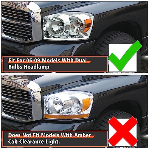 AXLAHA 2006-2008 Dodge Ram Headlights Assembly for 2006 2007 2008 Dodge Ram 1500/2006 2007 2008 2009 Dodge Ram 2500 3500 Chrome Housing Amber Reflector Replacement Driver and Passenger Side