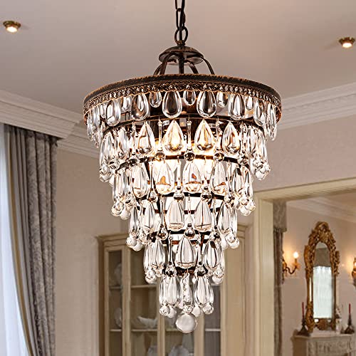 Wellmet 14 Inch Crystal Chandelier,Farmhouse Bronze Bathroom Chandeliers,4-Light Foyer Lighting Hanging Pendant Light Fixture for Bedroom Entryway Living Kids Room Corridor Closet