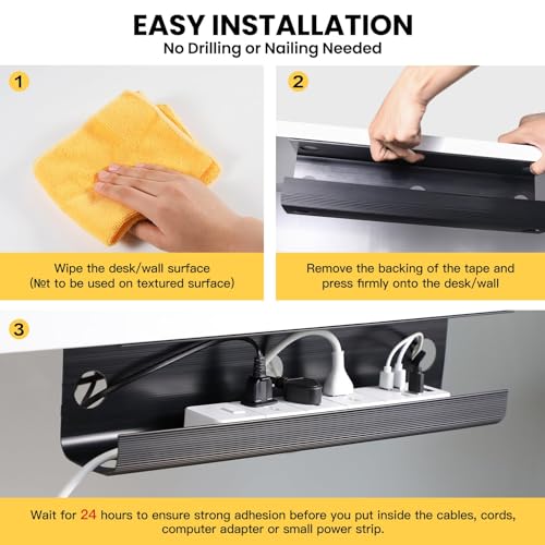 Yecaye 2 Pack Cable Management Under Desk, 31.5 in Under Desk Cable Management Tray, Cable Hider, Cord Organizer for Desk, No Screw No Drill Cable Cord Management for Office and Home, Black
