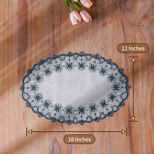 ARTBLOSS Placemats, Lace Place Mats Macrame Oval Embroidered Farmhouse Fabric Rustic Decorative Placemat 12 x 18 Inch Doilies for Kitchen Dining Wedding Fall Outdoor Indoor (Black, 2 Packs)