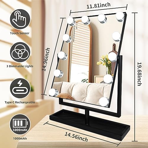 SLIMOON Hollywood Vanity Mirror with Lights, 12 Dimmable LED Bulbs Lighted Makeup Mirror with Detachable 10X Magnification Mirror, 1000mAh Rechargeable, 3 Color Lights, Touch Control