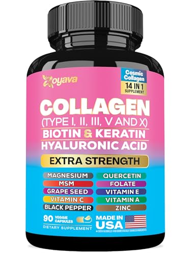 Zoyava Collagen Pills Peptides Types I, II, III, V & X MCG Biotin Keratin Hyaluronic Acid MSM Vitamin A Vitamin C Vitamin E Folic Acid Zinc Magnesium with Grape Seed Extract, Quercetin (90 Caps)