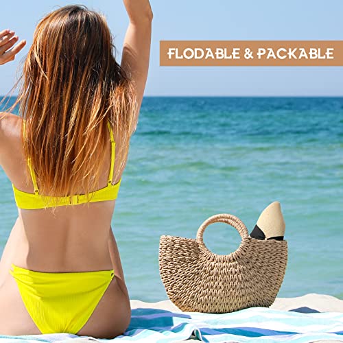 Beach Sun Hats for Women, Wide Brim Straw Hats with Adjustable Band, UPF 50+ Summer Foldable Roll up Hat