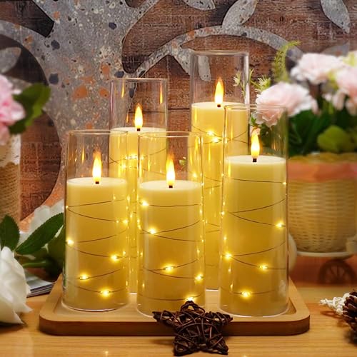 kakoya Flameless LED Candles with Timer 5 Pc Flickering Flameless Candles for Romantic Ambiance and Home Decoration Stable Acrylic Shell,with Embedded Star String，Battery Operated Candles（Orange）