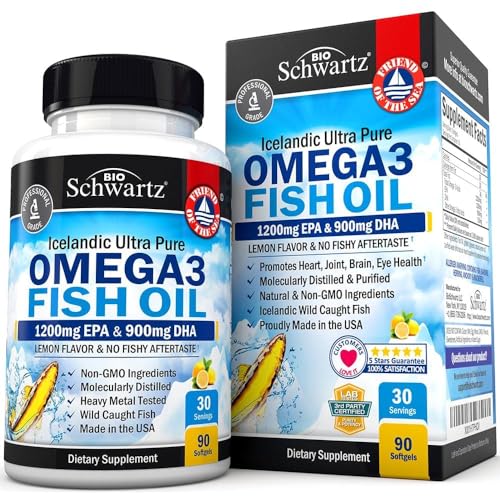 Omega 3 Fish Oil Supplement - 1200mg EPA and 900mg DHA Fatty Acid Per Serving - Supports Joint, Eyes, Brain & Skin Health - Burpless Lemon Flavor, Gluten-Free, 90 Softgels (Packaging May Vary)