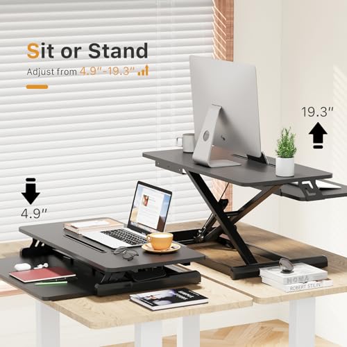 JOY worker Standing Desk Converter, 28" Height Adjustable Sit Stand Up Desk Riser with Keyboard Tray, Desktop Workstation Riser for Home Office Computer Laptop, Black