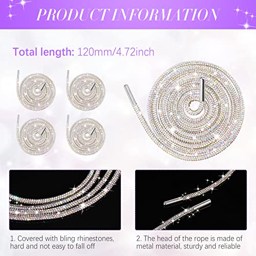Juinte 4 Piece Rhinestone Shoe Laces Crystal Glitter Rope Bling Hoodie String Rhinestone Glitter Rope for Sneakers Sweatpants (AB Color)