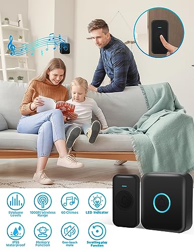 FOVKSUC Wireless Doorbell, Classroom Doorbell 1 Receiver + 1 Waterproof Button, with 60 Chimes 5 Levels Volume and LED Flash, 1000ft Range Door Bells for Homes Office Hospital
