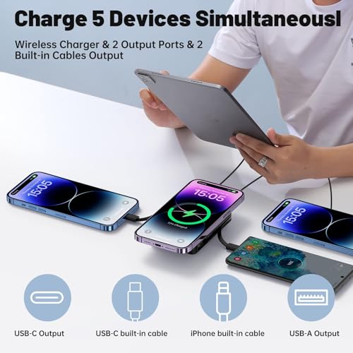 Yiisonger Magnetic Wireless Power Bank - 10000mAh Mag-Safe Portable Charger 22.5W PD Fast Charging with Built-in Cables LED Display, Magnetic Battery Pack for iPhone 16/15/14/13/12/Pro/Mini/Pro Max