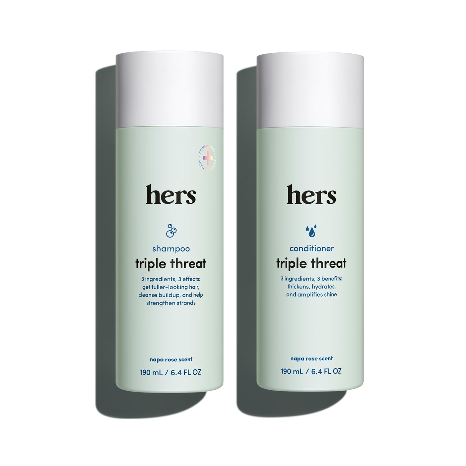 hers Triple Threat Shampoo & Conditioner Set - Biotin, Saw Palmetto, & Pumpkin Seed Oil Formula - Thickens & Hydrates - Color-Safe, Paraben-Free, Vegan - Napa Rose Scent - 6.4 Fl Oz, 2 Count