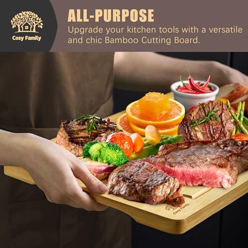 Cosy Family Wood Cutting Boards for Kitchen - Set of 3 - Bamboo Cutting Boards with Juice Groove, Serving Board Set, Thick Chopping Board for Meat, Veggies, Easy to clean