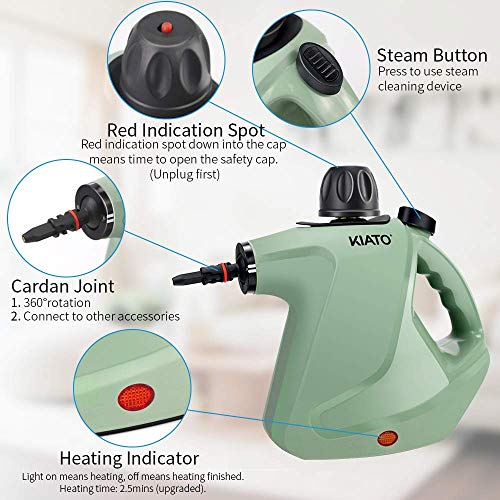 Kiato Handheld Steam Cleaner, 10 in 1 Handheld Steamer for Cleaning, Upholstery Steam Cleaner for Surface Cleaning Home, Sofa, Car, Office, Green