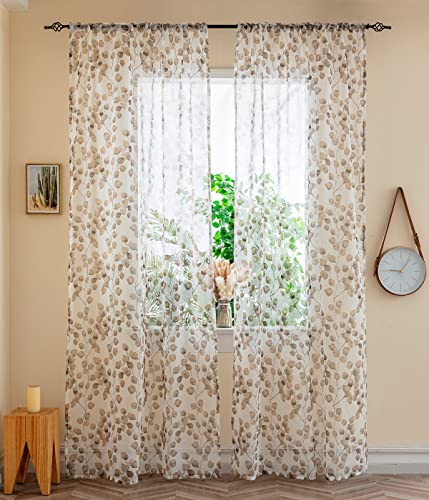 Yancorp Leaf Curtains 79 Inch Length for Living Room 2 Panels Tulle Vine Window Leaf Prints Sheer Curtains Set Transparency Sheer Drapes(Khakileaves,W39 X L79)