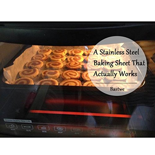 Cookie Sheet Baking Sheet Set of 3, Bastwe Commercial Grade Stainless Steel Baking Pan, Professional Bakeware Oven Tray, Healthy & Non-toxic, Rust Free & Mirror Finish, Easy Clean & Dishwasher Safe