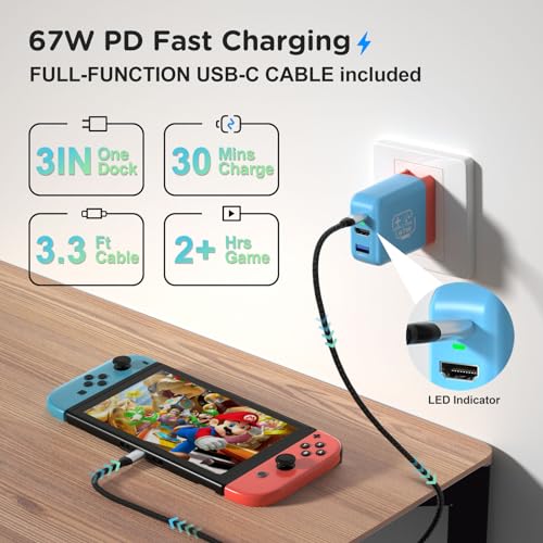 67W USB C Charger Dock for Nintendo Switch/OLED, Portable Travel TV Docking Station with 4K HDMI/USB2.0/PD Charging Port, Fast Charging Adapter with USB-C Cable for Laptop, Mobile Phone, Steam Deck