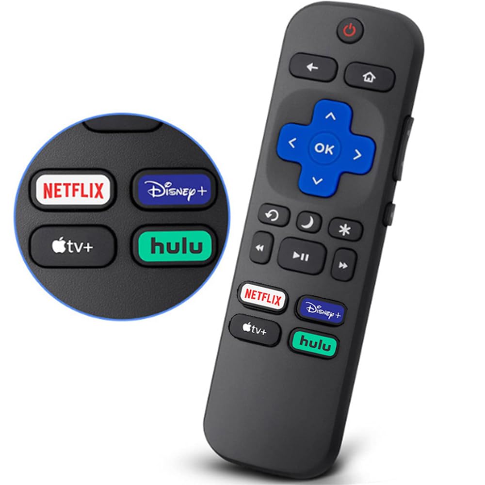 New Replacement for Roku-TV-Remote, Roku Remote Control for TCL Roku/Hisense/Onn Roku/Sharp Series Smart TVs (Not for Roku Stick and Box), with 4 Shortcuts Netflix/Disney/Hulu/Apple TV(2 Bateries)