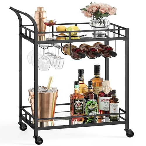 VASAGLE Bar Cart Black, Home Bar Serving Cart, Wine Cart with 2 Mirrored Shelves, Wine Holders, Glass Holders, for Kitchen, Dining Room, Black ULRC092B62