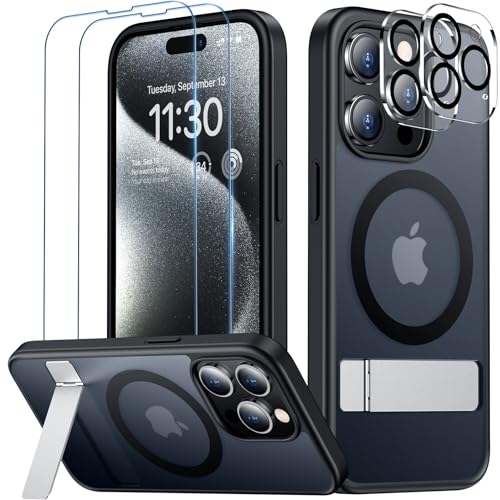 SPIDERCASE Magnetic for iPhone 15 Pro Case, with 2 Pcs [Tempered Glass Screen Protector+Camera Lens Protector] [Military Drop Protection] [Not Yellowing] Kickstand Slim Case for iPhone 15 Pro (Black)