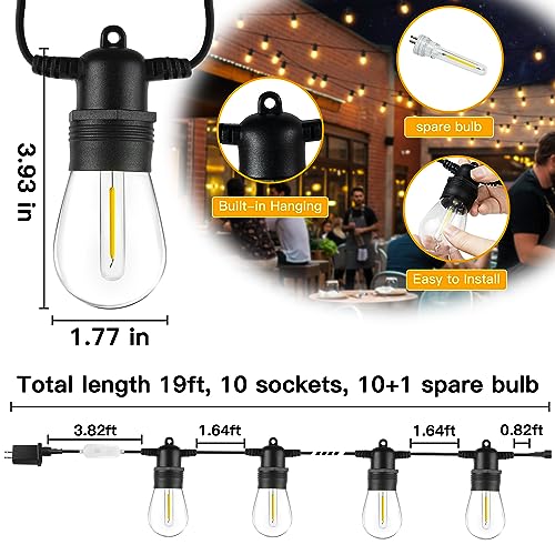 Ccinny 11 S14 LED Outdoor String Lights Waterproof with Dimmer,Dusk to Dawn Patio Lights for Outside with Remote(19Ft), Shatterproof Bulbs(1 Spare) Hanging Lights with Timer for Porch,Garden