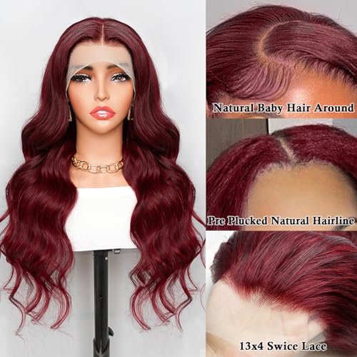 Gemlong 34 inch 99j Burgundy Lace Front Wigs Human Hair 13x4 HD Lace Front Wigs Human Hair 200 Density Burgundy Wig Human Hair for Black Women Body Wavy Human Hair 12A Glueless Brazilian Virgin Hair