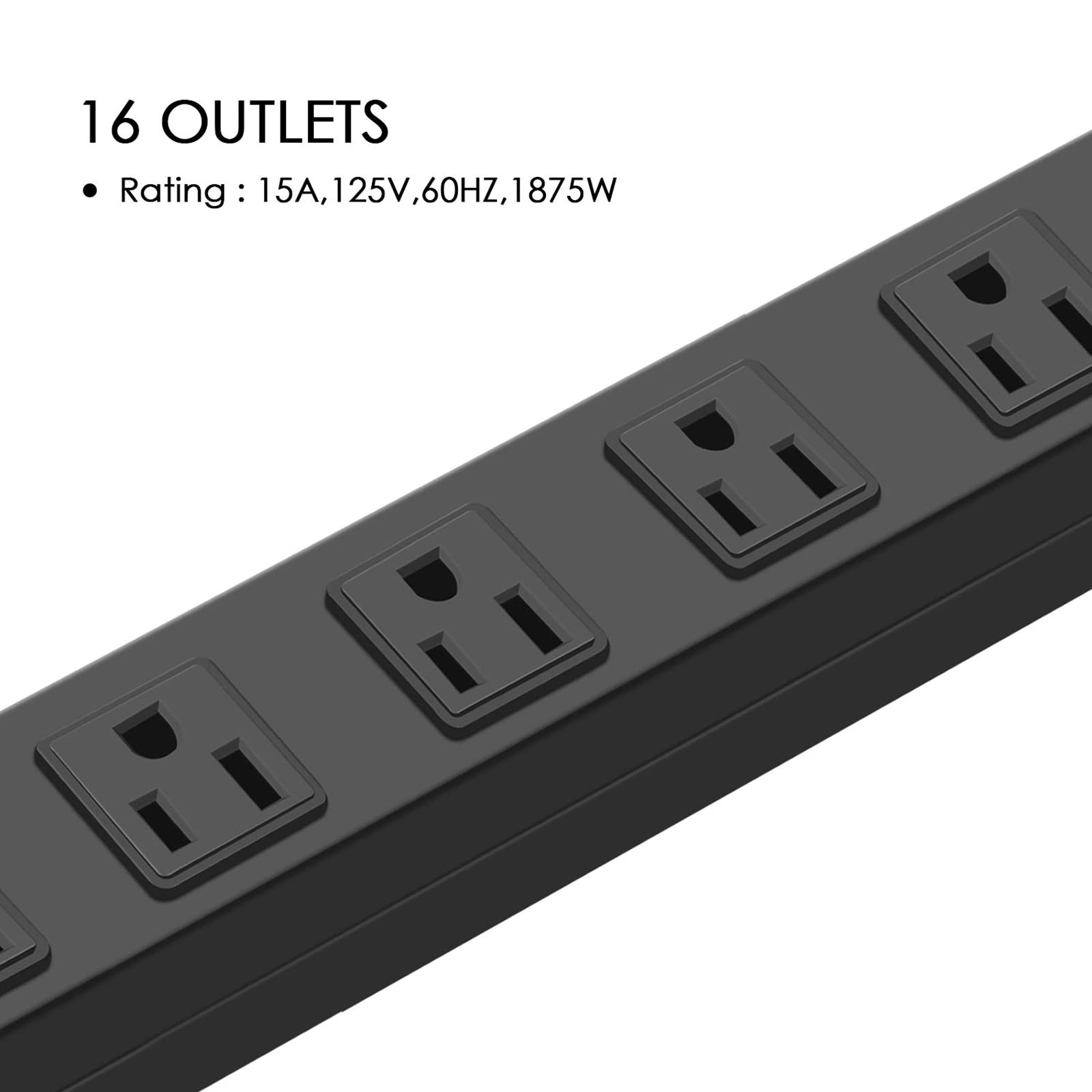 HHSOET Metal Wall Mount Power Strip, Mountable Power Outlet, Aluminum Alloy Mount Power Socket with Switch, 10 FT SJT 3/C 14AWG Power Cord, 15A 125V 1875W (16 Outlet) Black